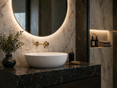 Luxurious modern bathroom with marble accents
