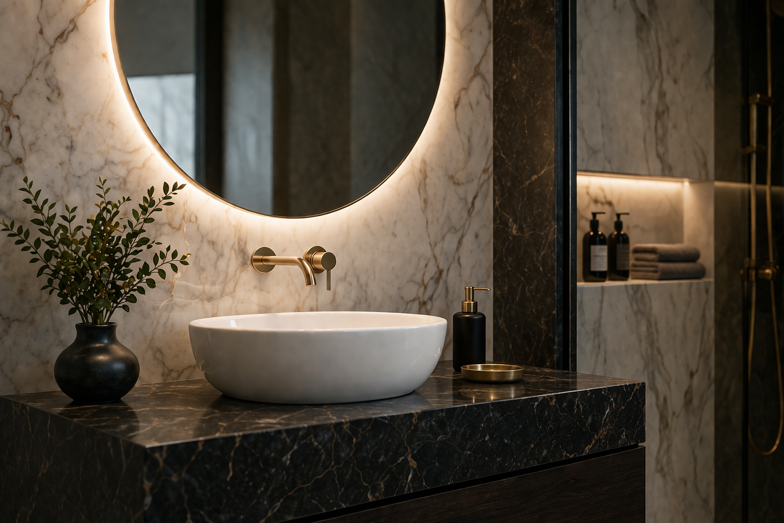 Luxurious modern bathroom with marble accents