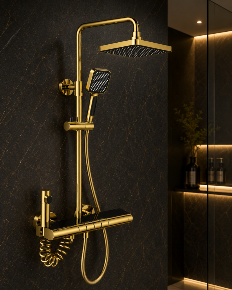 Luxurious gold shower design in dark marble