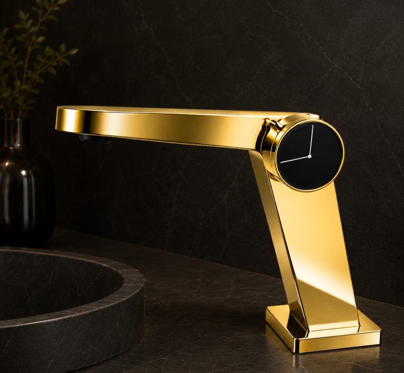 Luxurious gold faucet on dark stone