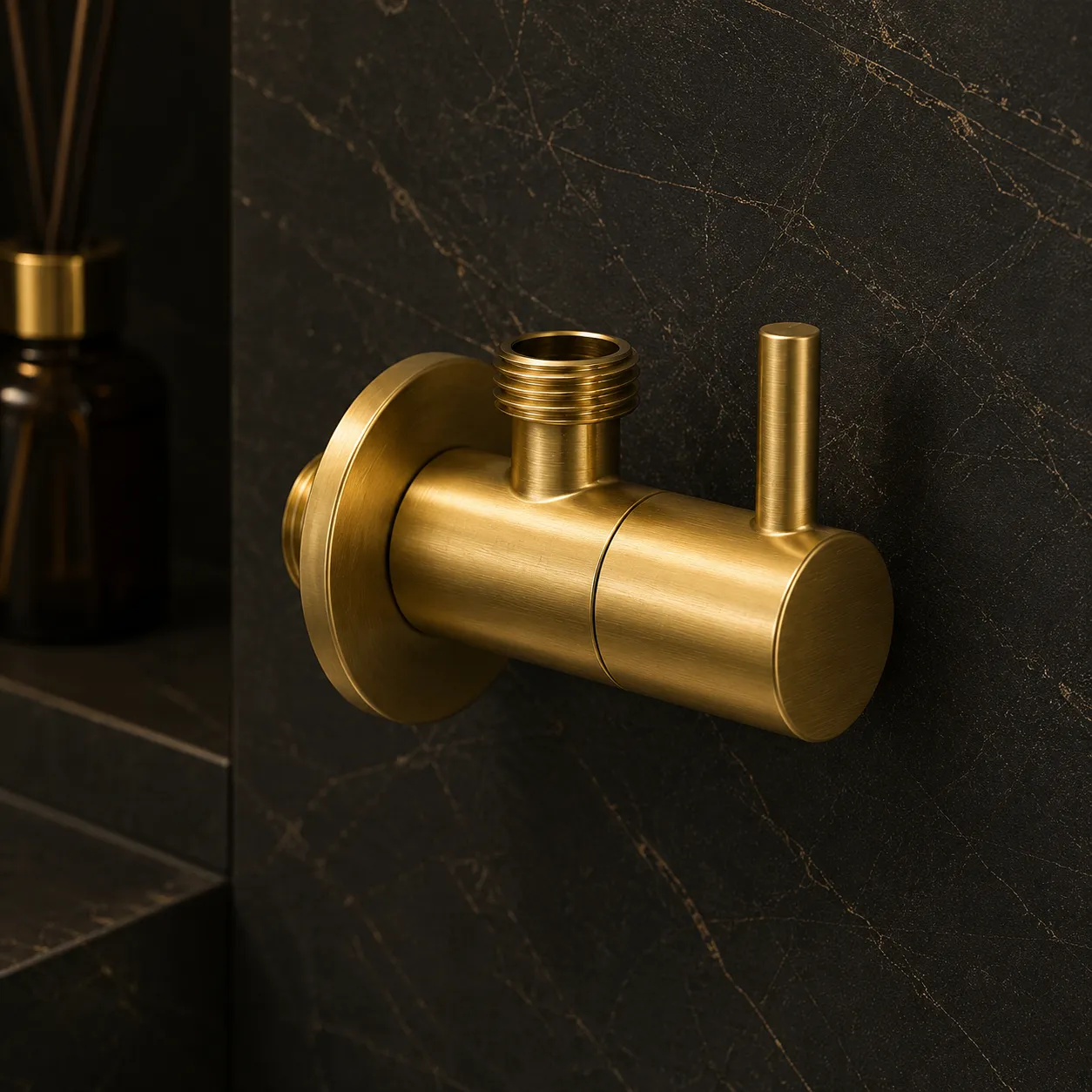Elegant brass valve with marble backdrop
