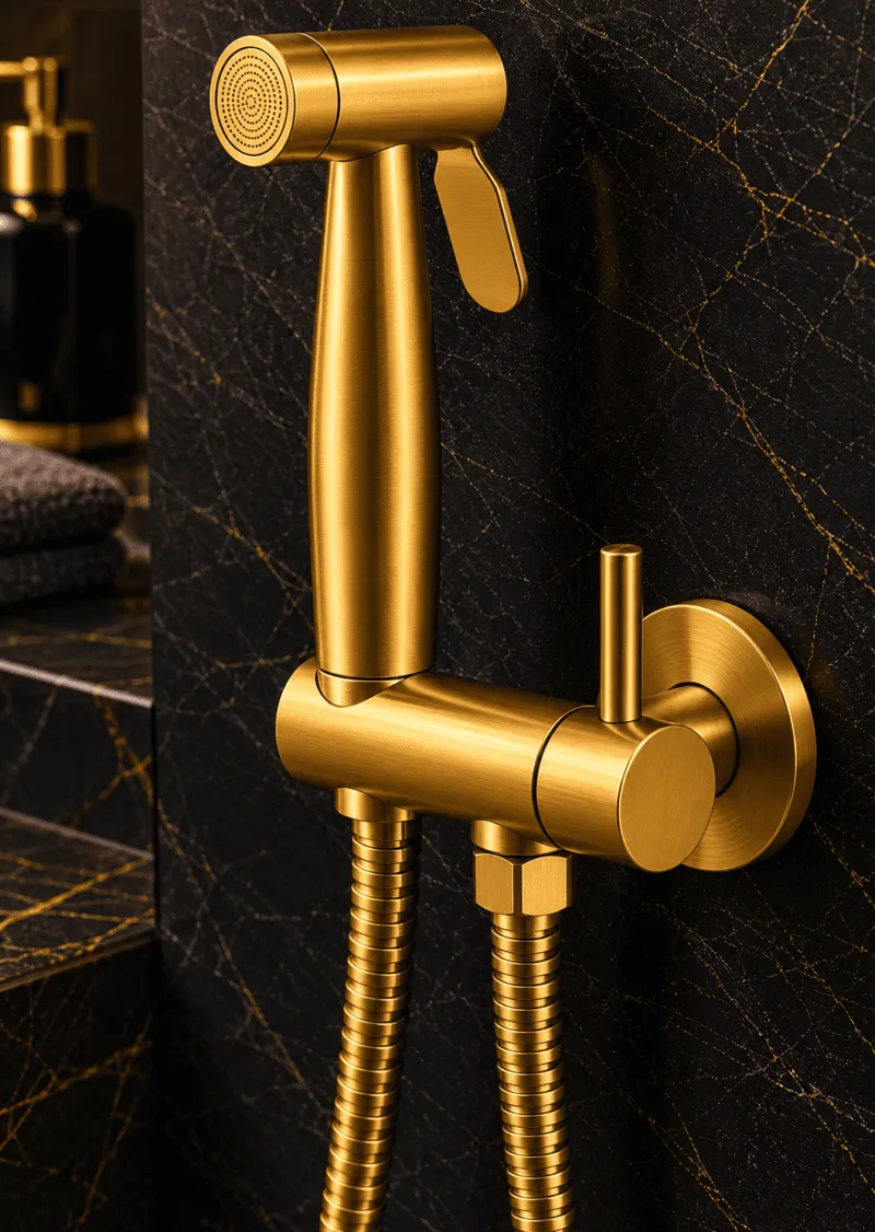 Gold bidet sprayer in luxury bathroom