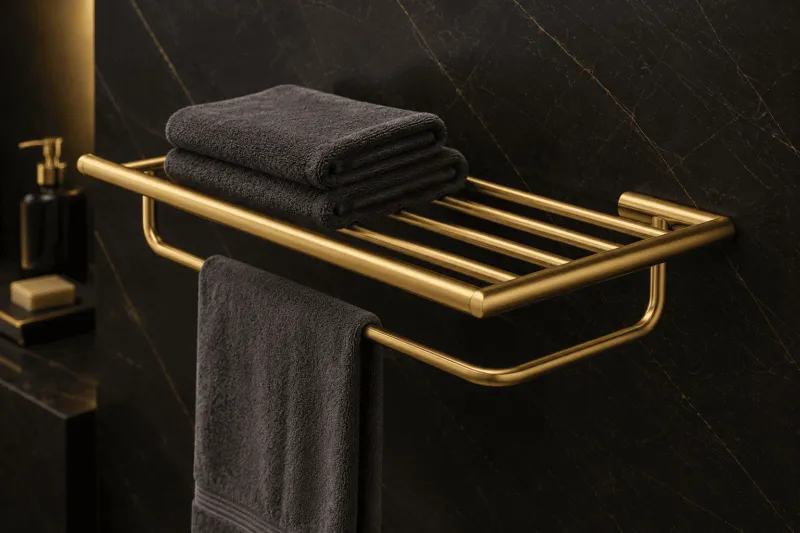 Luxurious gold bathroom shelf with towels