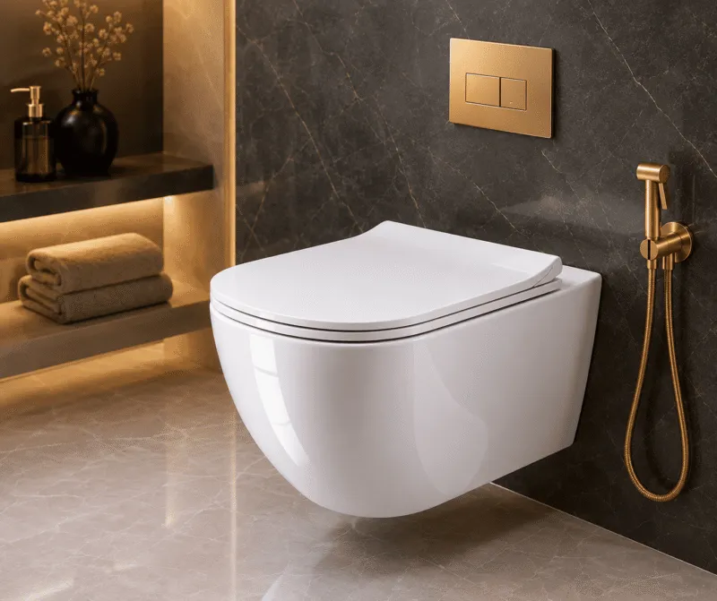Sleek luxury bathroom with gold accents